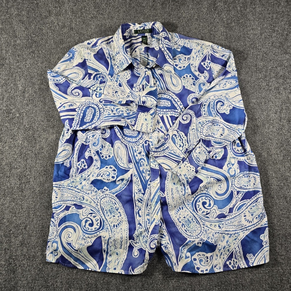 Lauren Ralph Lauren Women's Paisley Button Front Shirt Blue White 1X Cotton